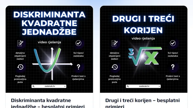 Kartice besplatnih materijala: Diskriminanta kvadratne jednadžbe i Drugi i treći korijen