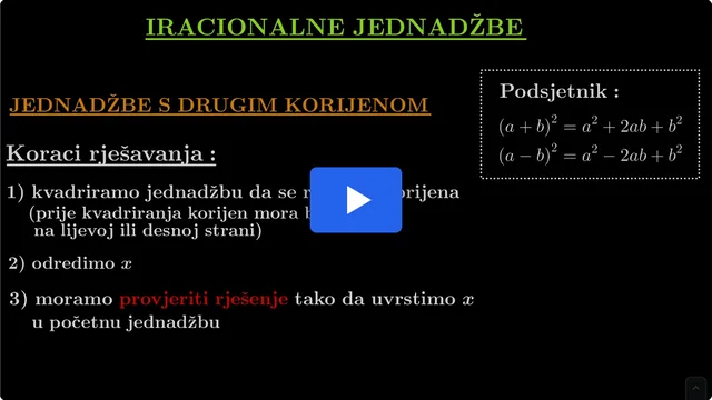 Video rješenje zadatka 1. a) iz lekcije Iracionalne jednadžbe, ploča s ispisanim postupkom