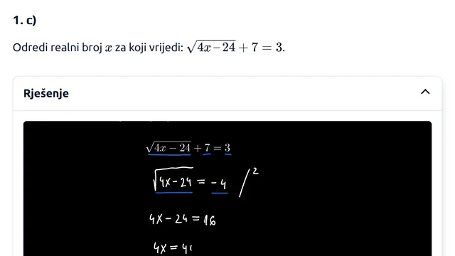 Zadatak 1. c) iz lekcije Iracionalne jednadžbe: tekst zadatka s formulom i otvoreno rješenje